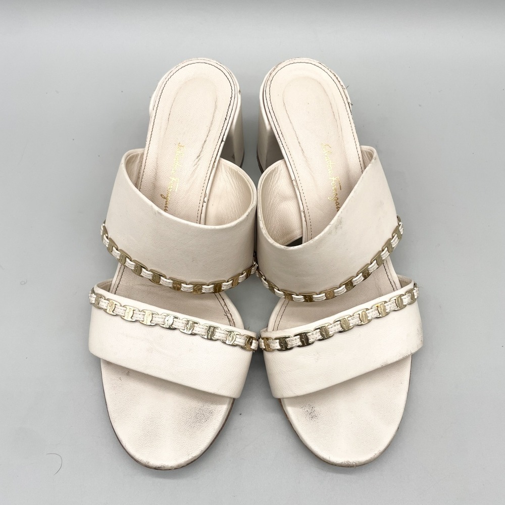 Salvatore Ferragamo Womens 8.5 Trabia Chain Block Heel Mules Cream Leather Slide